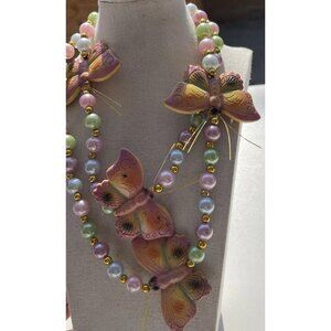 Vintage Butterfly Color Pearls Beaded Ceramic Quality Necklace 80s Sz 19”